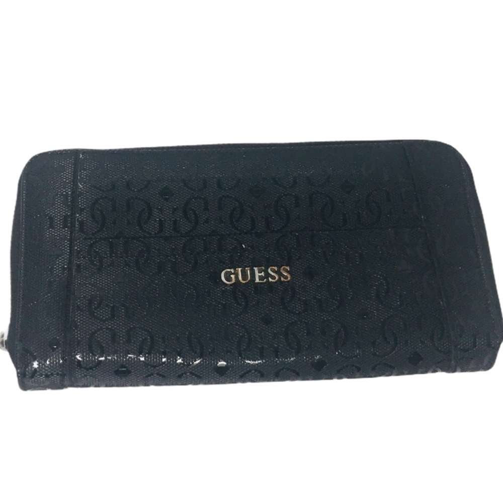 GUESS Black Signature Print Zip Around Wallet OS Y2K